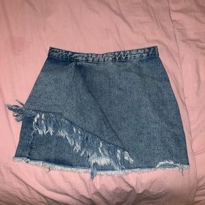 Denim Mini Skirt with Fringe Detail